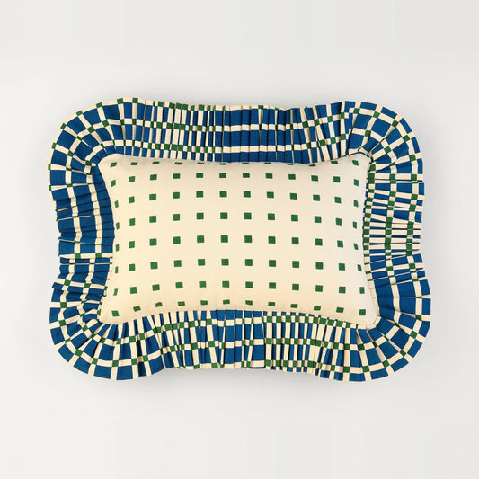 Tiny Checks Ruffle Pillow front: cream tiny-check print with a blue check ruffle