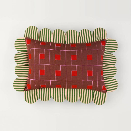 Venetian Check Petal Pillow front: burgundy check print with a green striped petal edge