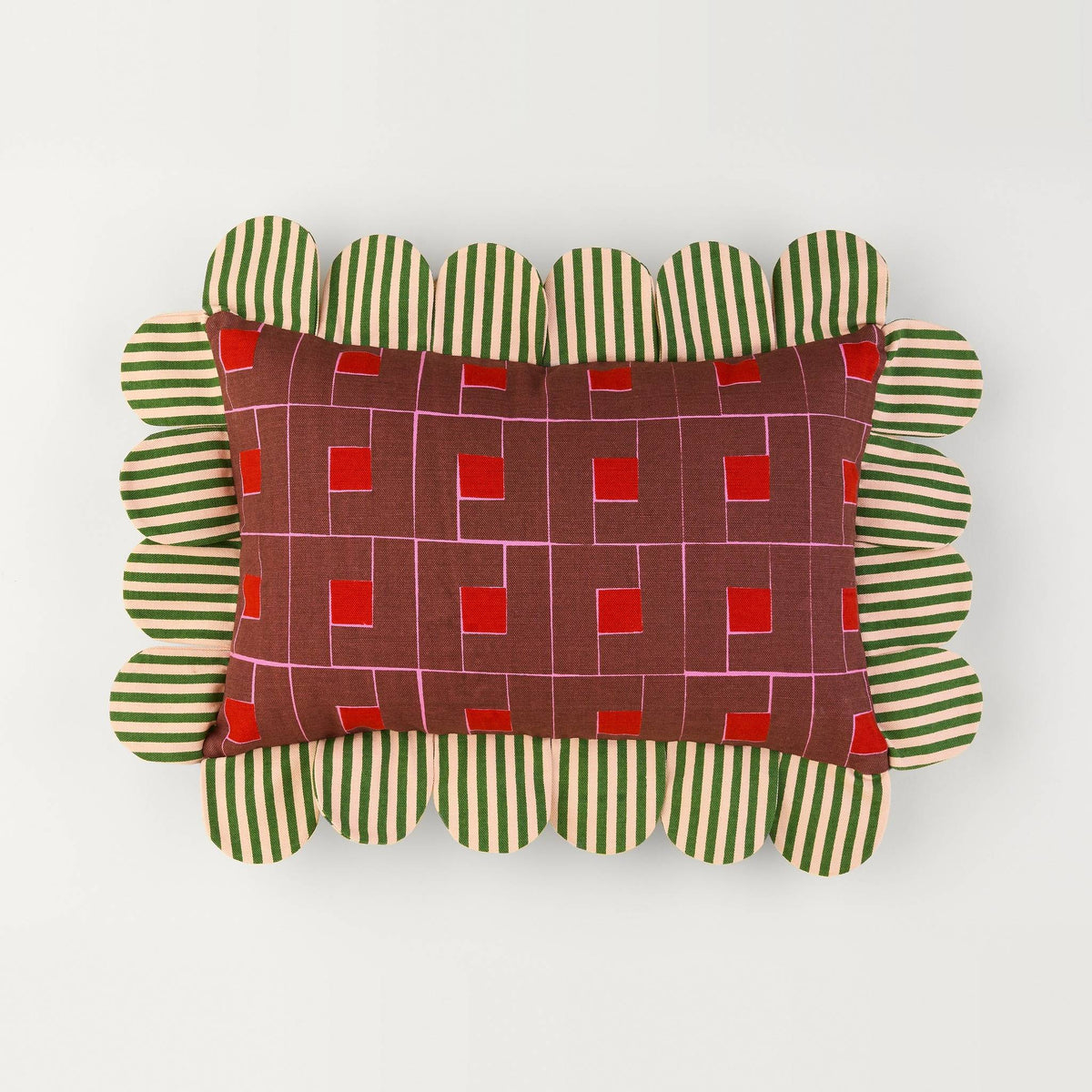 Venetian Check Petal Pillow front: burgundy check print with a green striped petal edge