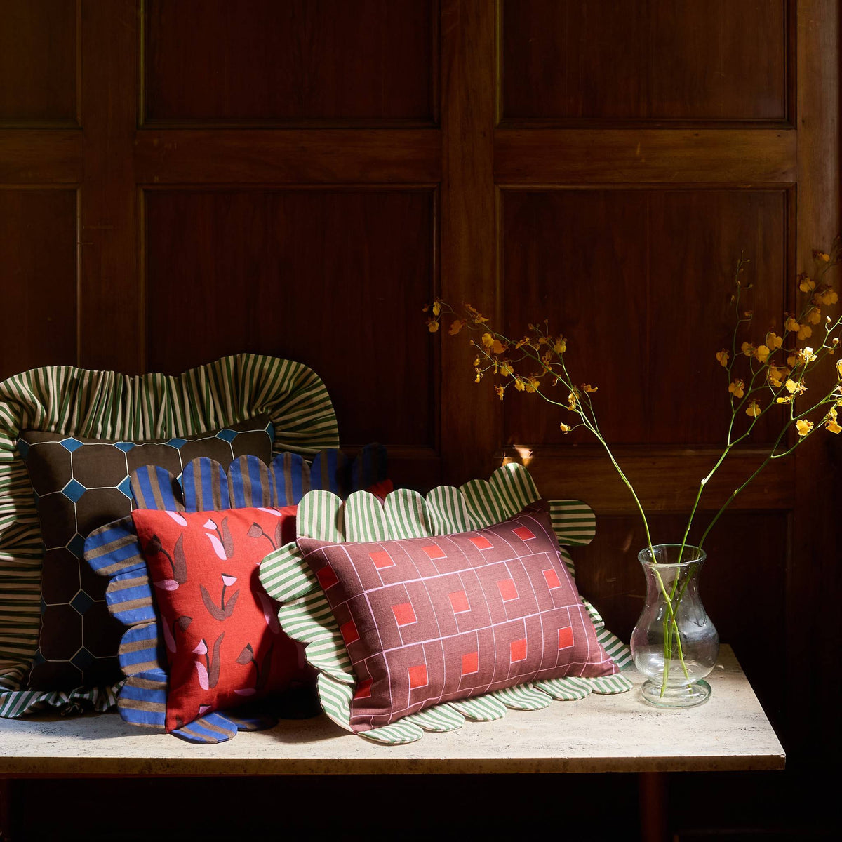 Venetian Check Petal Pillow paired with the Tulip Stripe pillow