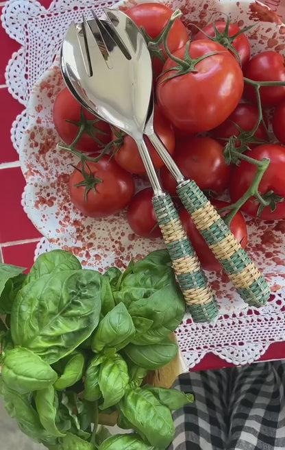 Green Rattan Salad Servers