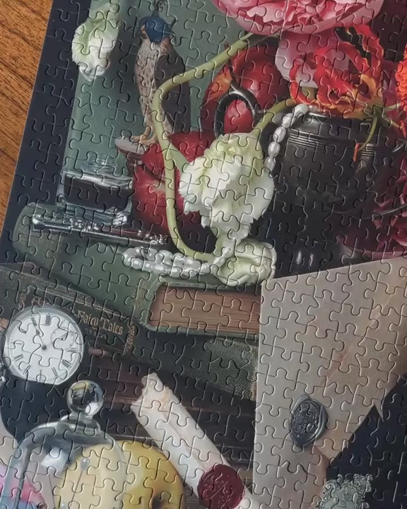 Video panning over the assembled Once Upon A Time 1000-piece puzzle.
