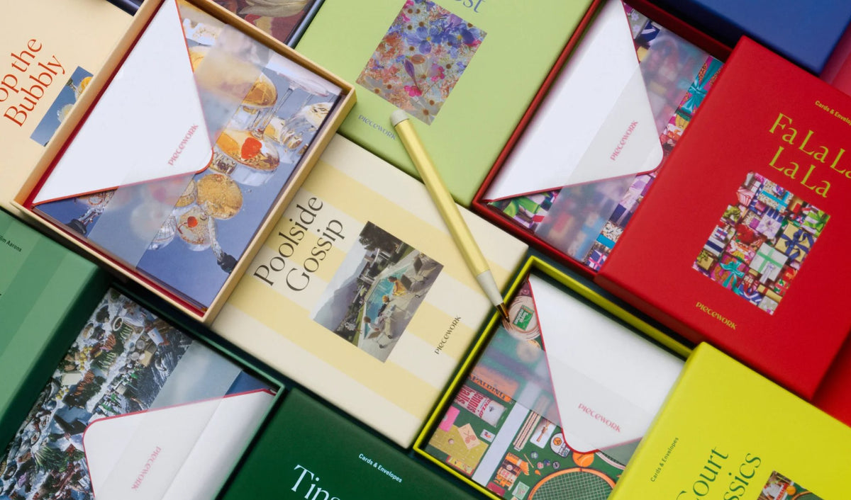 A close-up of boxes of stationery from Piecework's Stationery Collection.